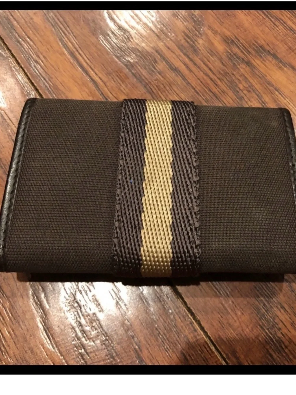 Gucci Brown Leather Card Case with Tan and Black Web Stripe